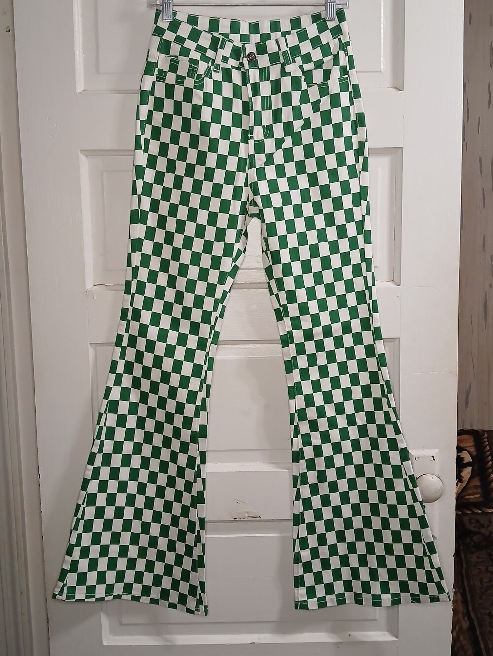 Green White Checkered Flare Pants Womens 6 NWT High Rise Festival Y2K Retro